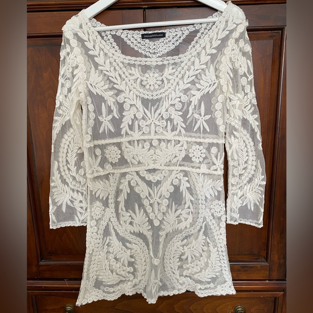 You Are Not Alone Mesh Embroidered Cream Long Sleeve Mini / Tunic Floral Boho